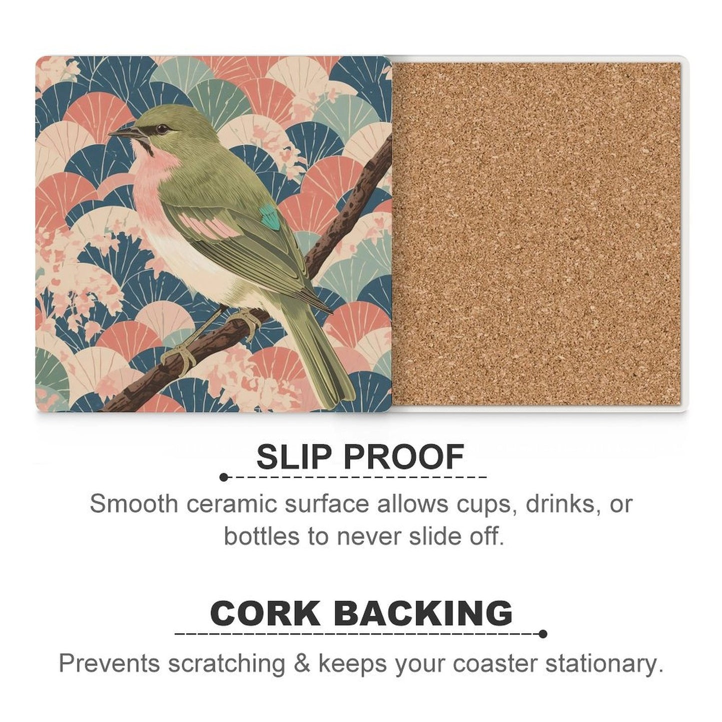 Songbird Serenity Japanese Ukiyo-e Inspired Ceramic Coasters (Set of 4 or 6)
