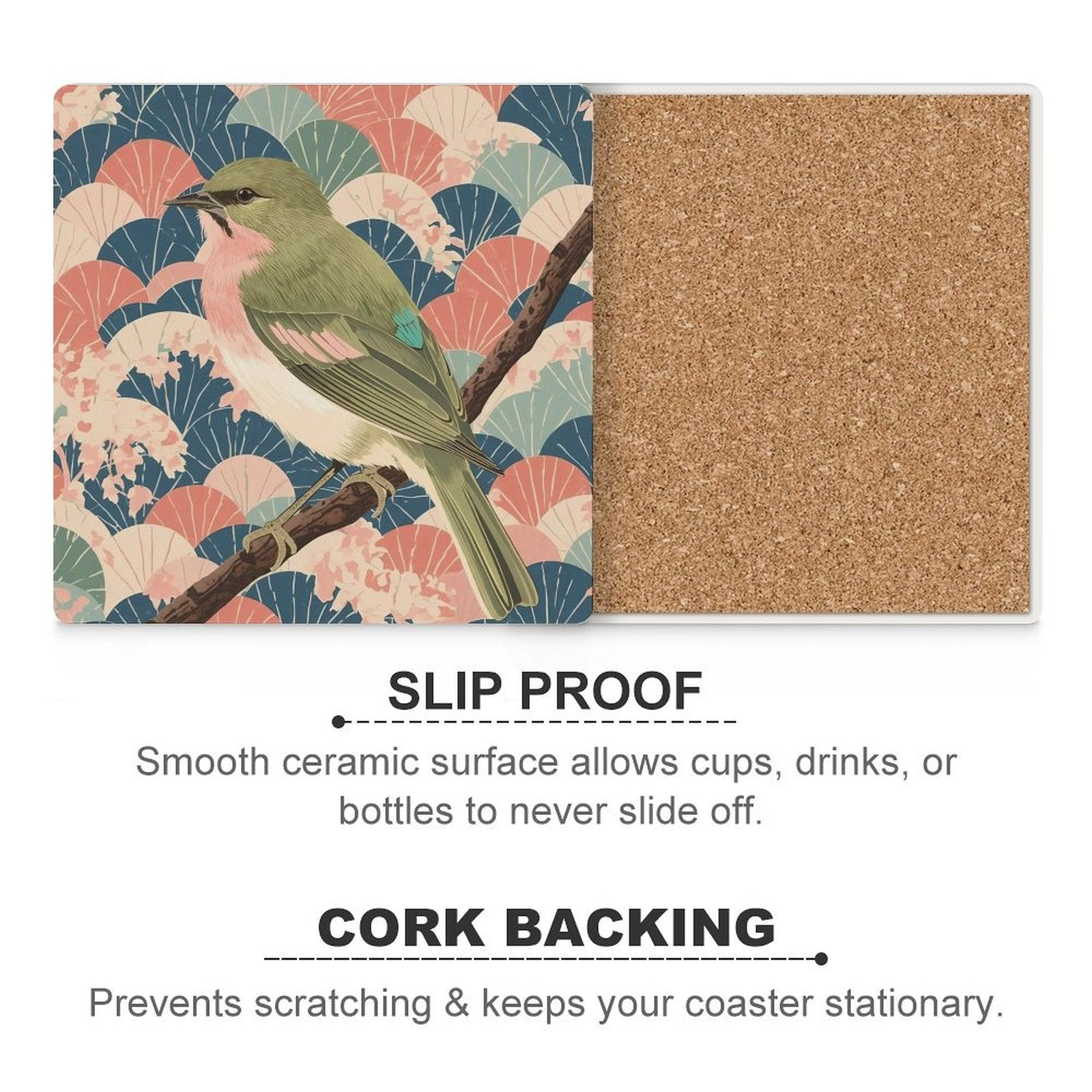 Songbird Serenity Japanese Ukiyo-e Inspired Ceramic Coasters (Set of 4 or 6)