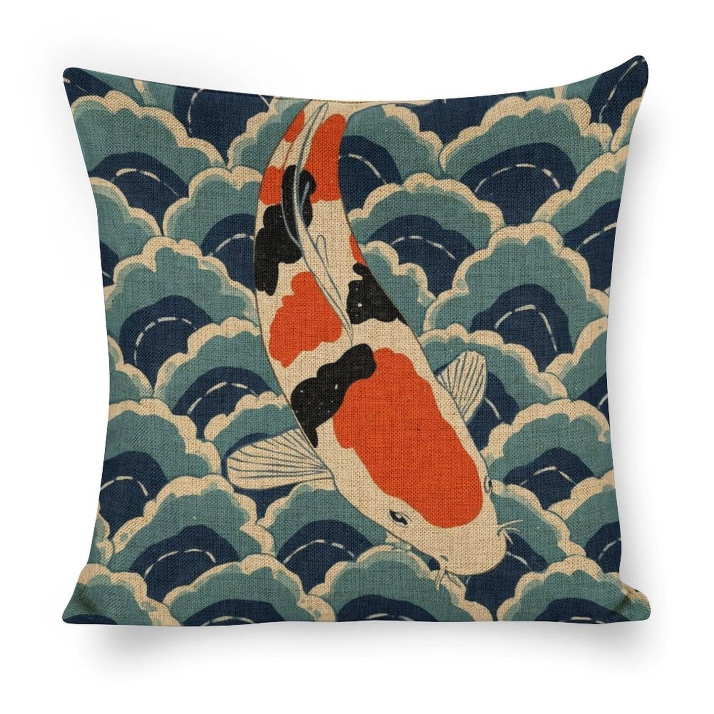 Koi Harmony Linen Cushion Pillow Cover — Double-Sided Print, 45×45cm rice white 18"×18"