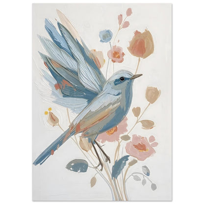 Abstract Impressionist Bird & Blossom Fine Art Poster - Soft Blue & Blush Hues A3 (29.7 x 42 cm)