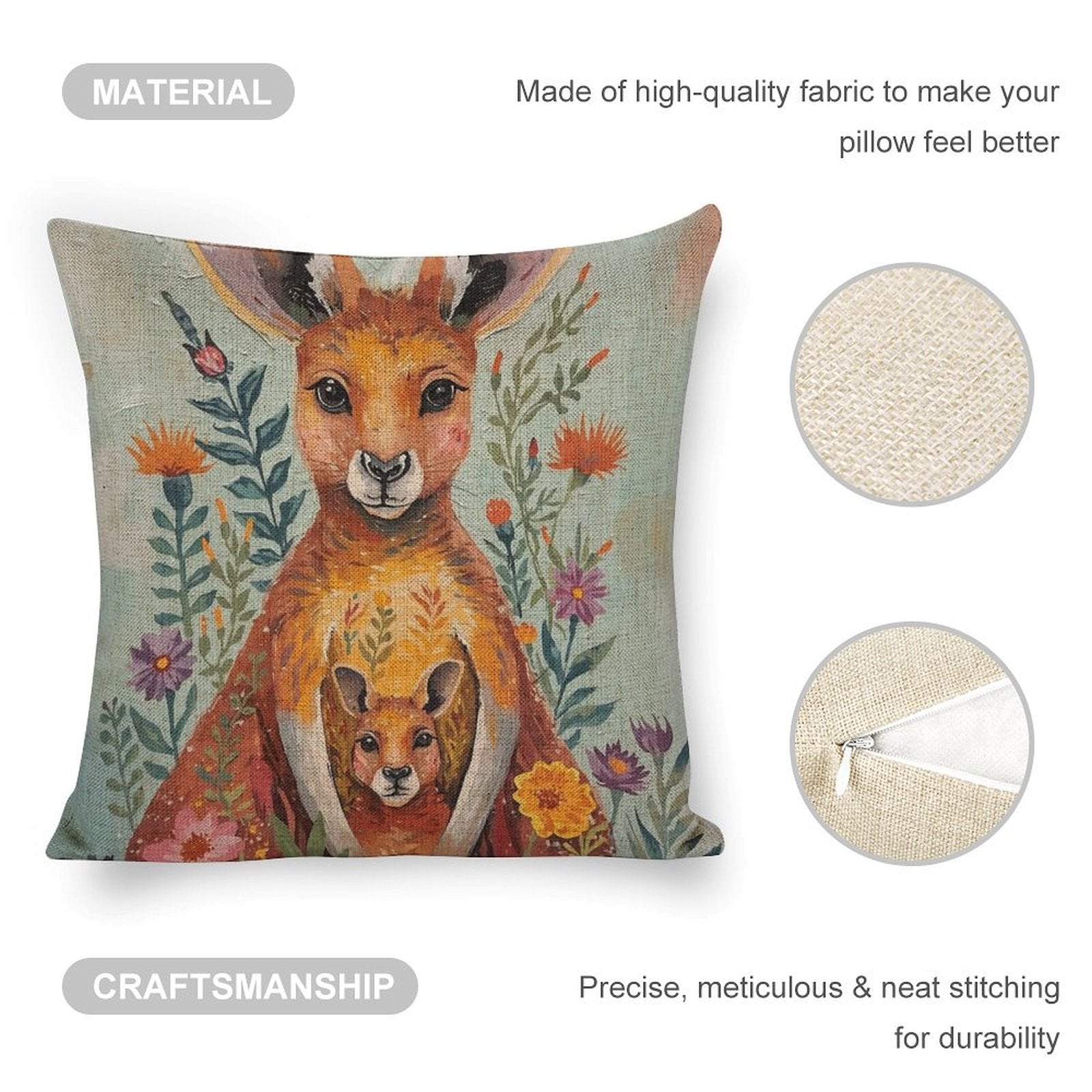 Kangaroo & Joey Linen Cushion Pillow Cover — Double-Sided Print, 45×45cm