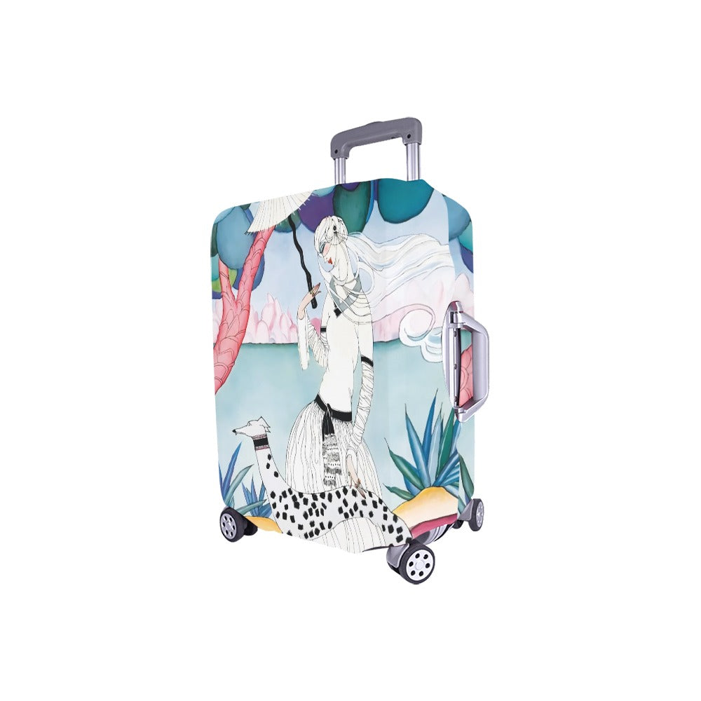 Art Nouveau Lady & Spotted Hound Luggage Cover | Whimsical Illustrated Travel Protector | Stylish Suitcase Cover