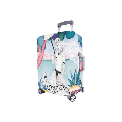 Art Nouveau Lady & Spotted Hound Luggage Cover | Whimsical Illustrated Travel Protector | Stylish Suitcase Cover