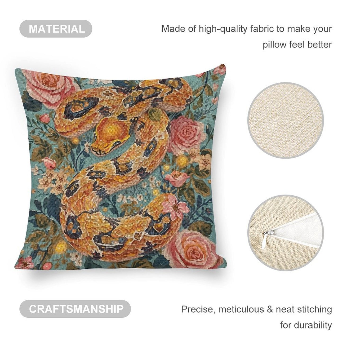 Serpent & Roses Linen Cushion Pillow Cover — Double-Sided Print, 45×45cm