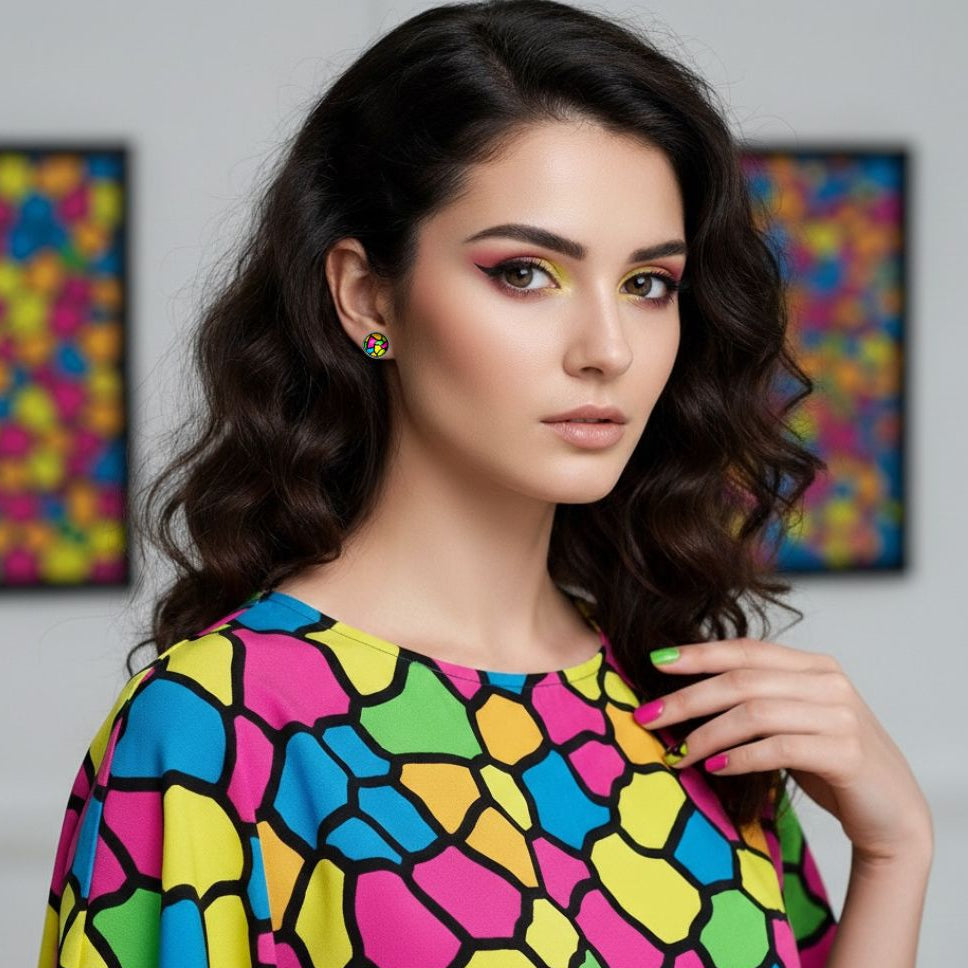 Colourful Stained Glass Style Stud Earrings – Vibrant Rainbow Pattern, Stainless Steel