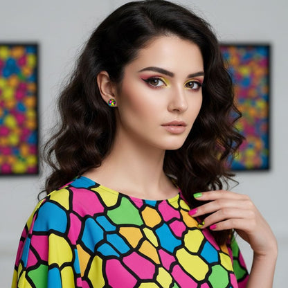 Colourful Stained Glass Style Stud Earrings – Vibrant Rainbow Pattern, Stainless Steel