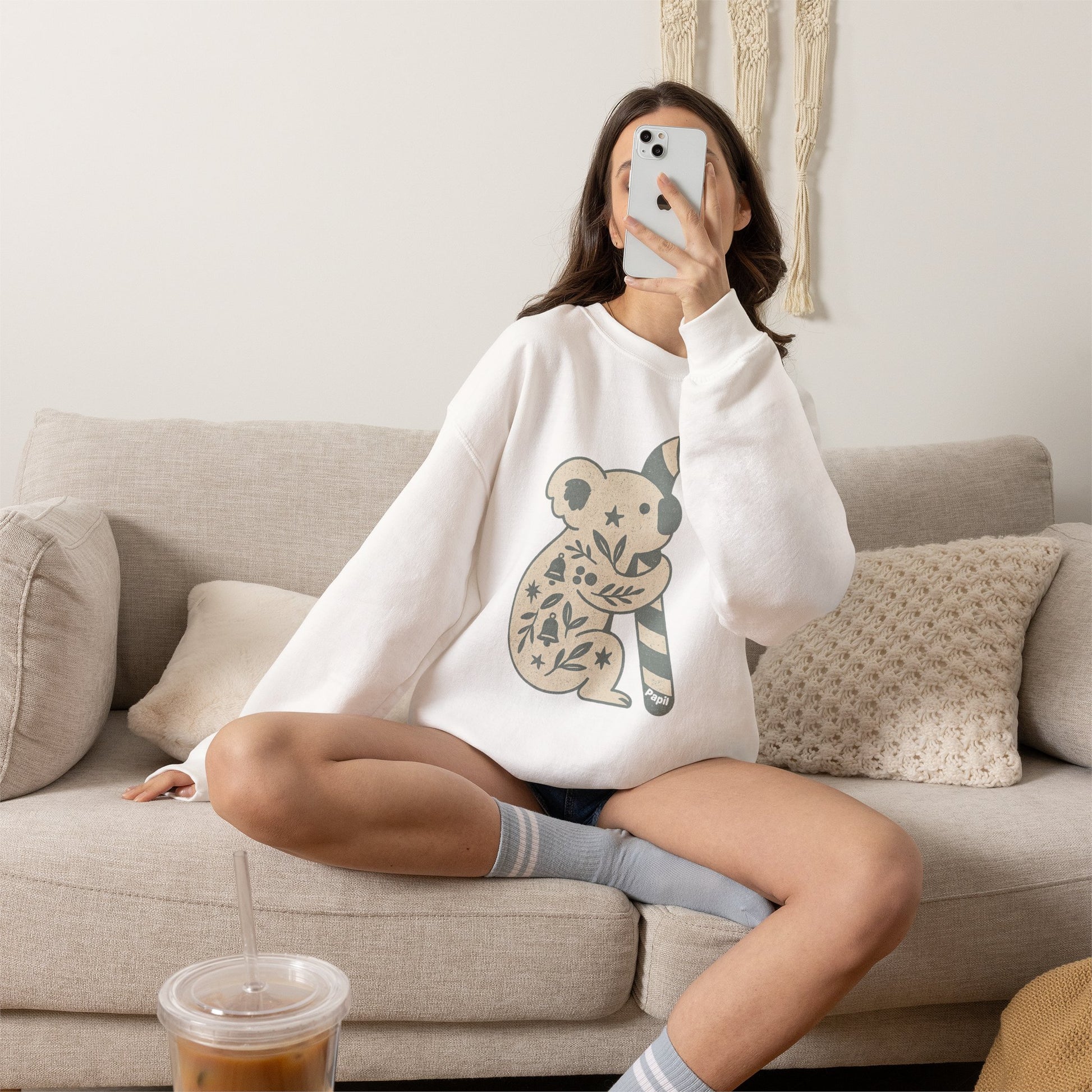 Koala Candy Cane Crewneck Christmas Sweatshirt — Whimsical Floral Australian Koala Holiday Sweatshirt