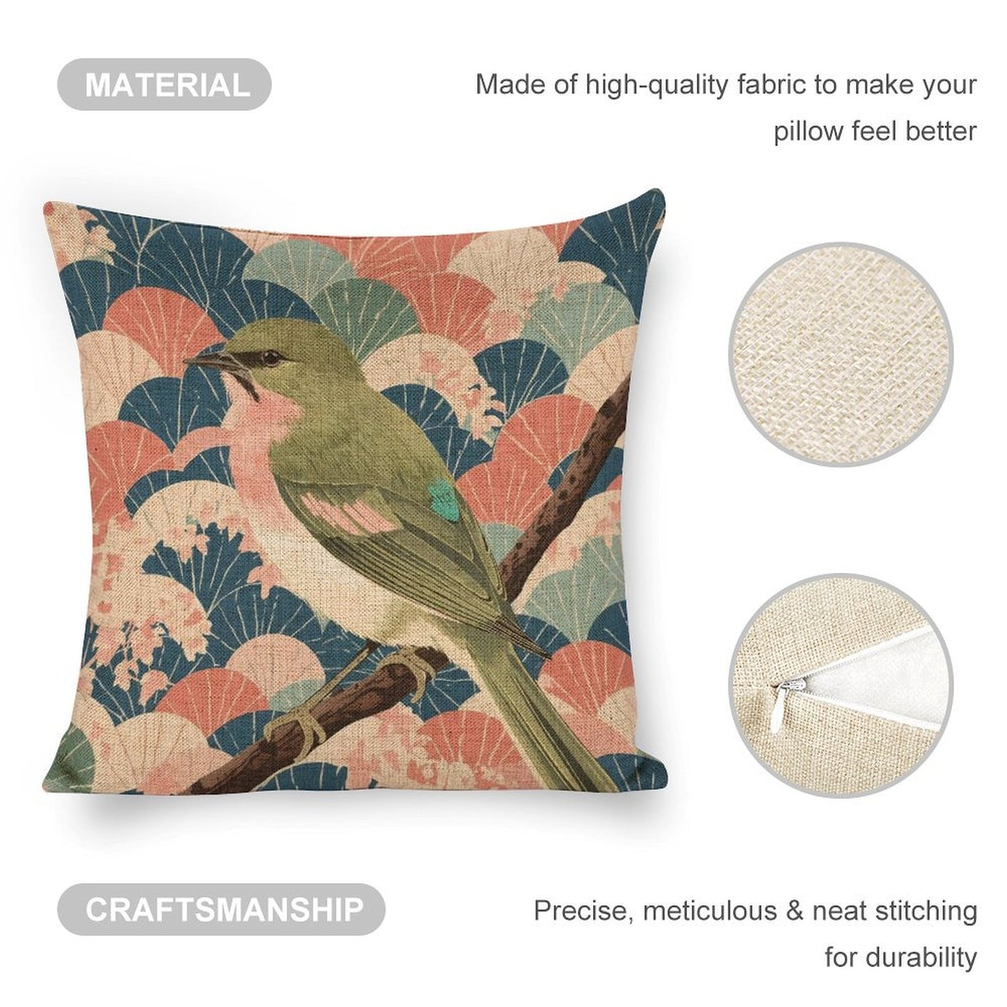 Songbird Serenity Linen Cushion Pillow Cover — Double-Sided Print, 45×45cm