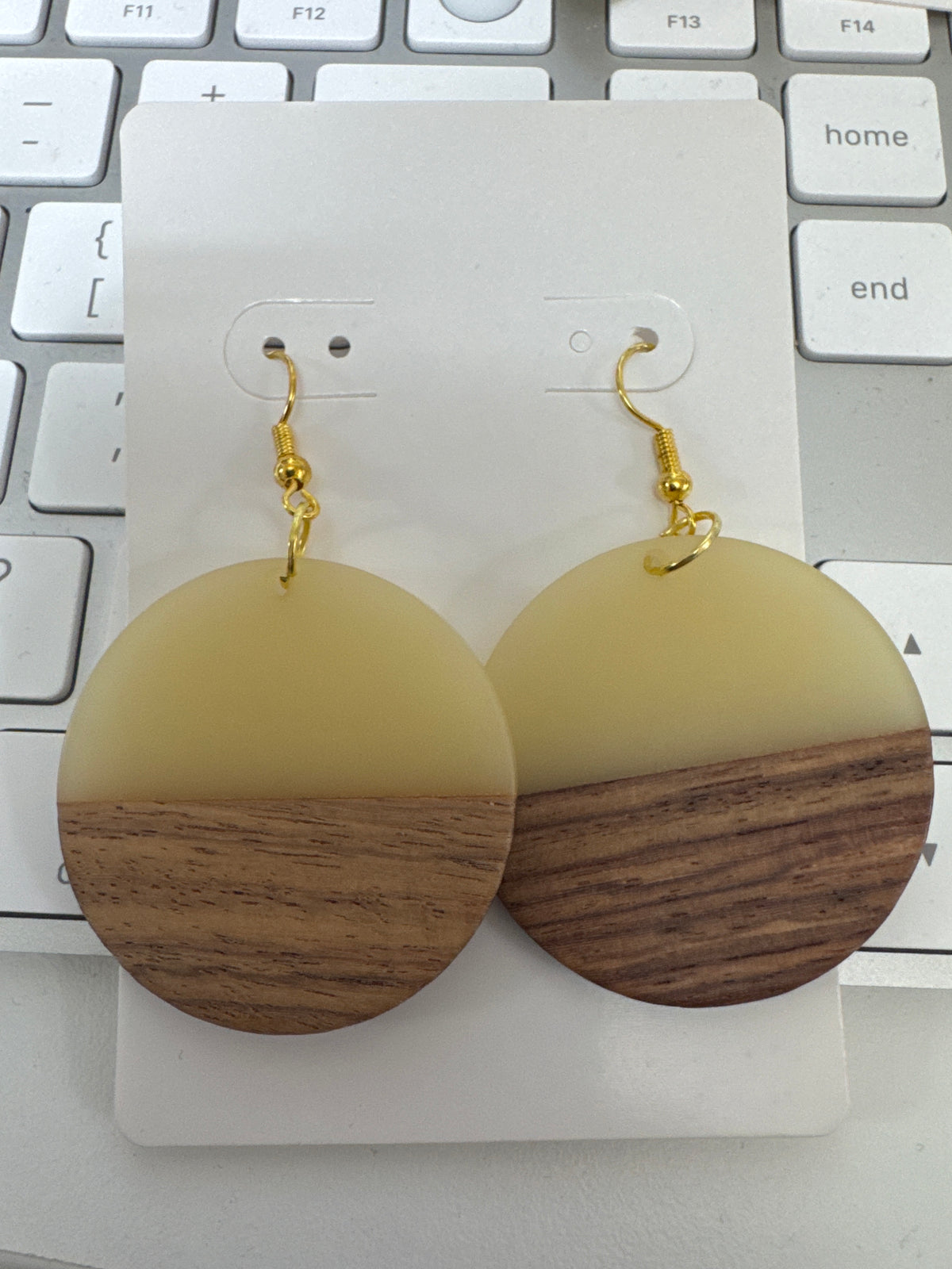 Cream Resin and Wood Dangle Earrings