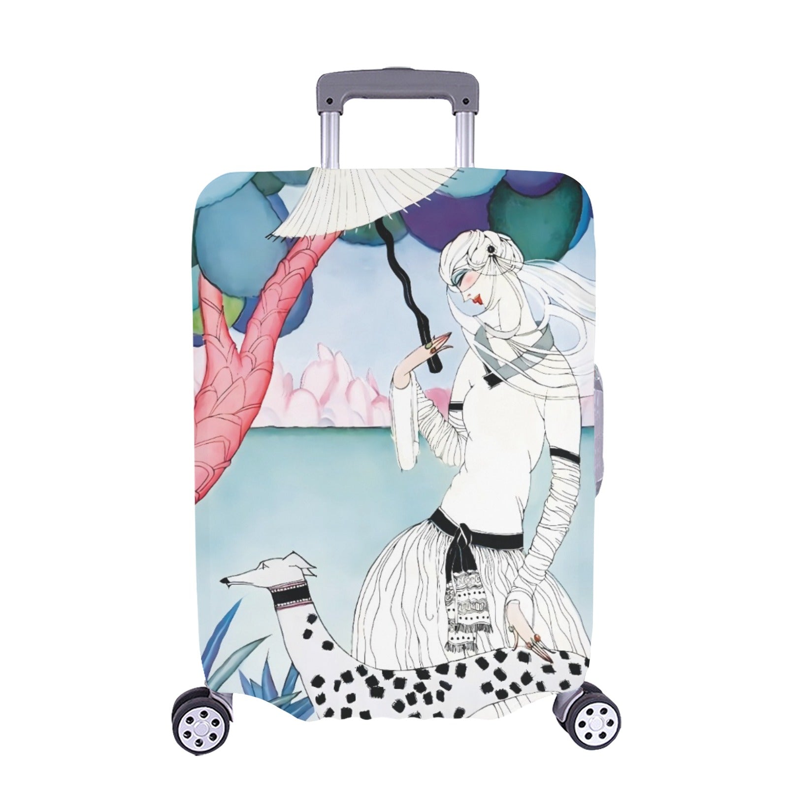 Art Nouveau Lady & Spotted Hound Luggage Cover | Whimsical Illustrated Travel Protector | Stylish Suitcase Cover