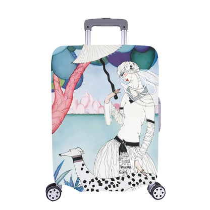 Art Nouveau Lady & Spotted Hound Luggage Cover | Whimsical Illustrated Travel Protector | Stylish Suitcase Cover