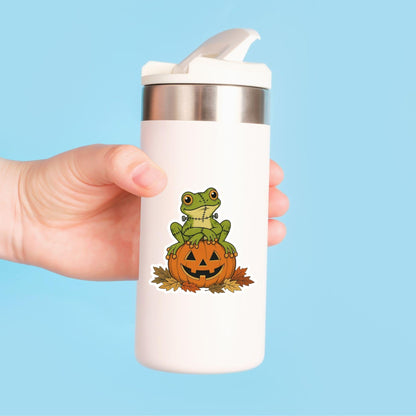 Franken-Frog on Jack-O'-Lantern | Halloween Vintage | White Vinyl | Die-Cut Sticker