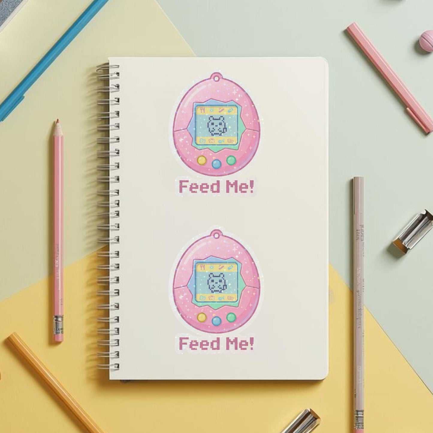 Feed Me Virtual Pet | 90s Retro Gaming | Glitter Vinyl | Die-Cut Sticker
