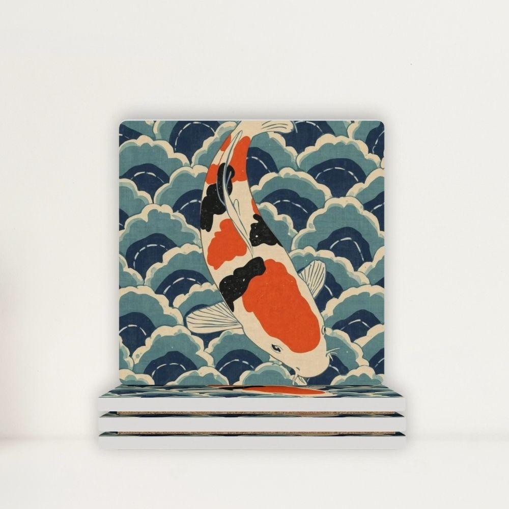 Koi Harmony Japanese Ukiyo-e Inspired Ceramic Coasters (Set of 4 or 6)