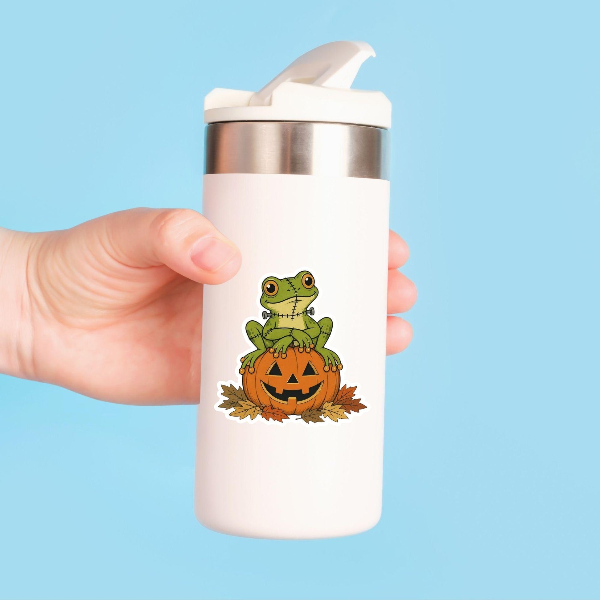 Franken-Frog on Jack-O'-Lantern | Halloween Vintage | White Vinyl | Die-Cut Sticker