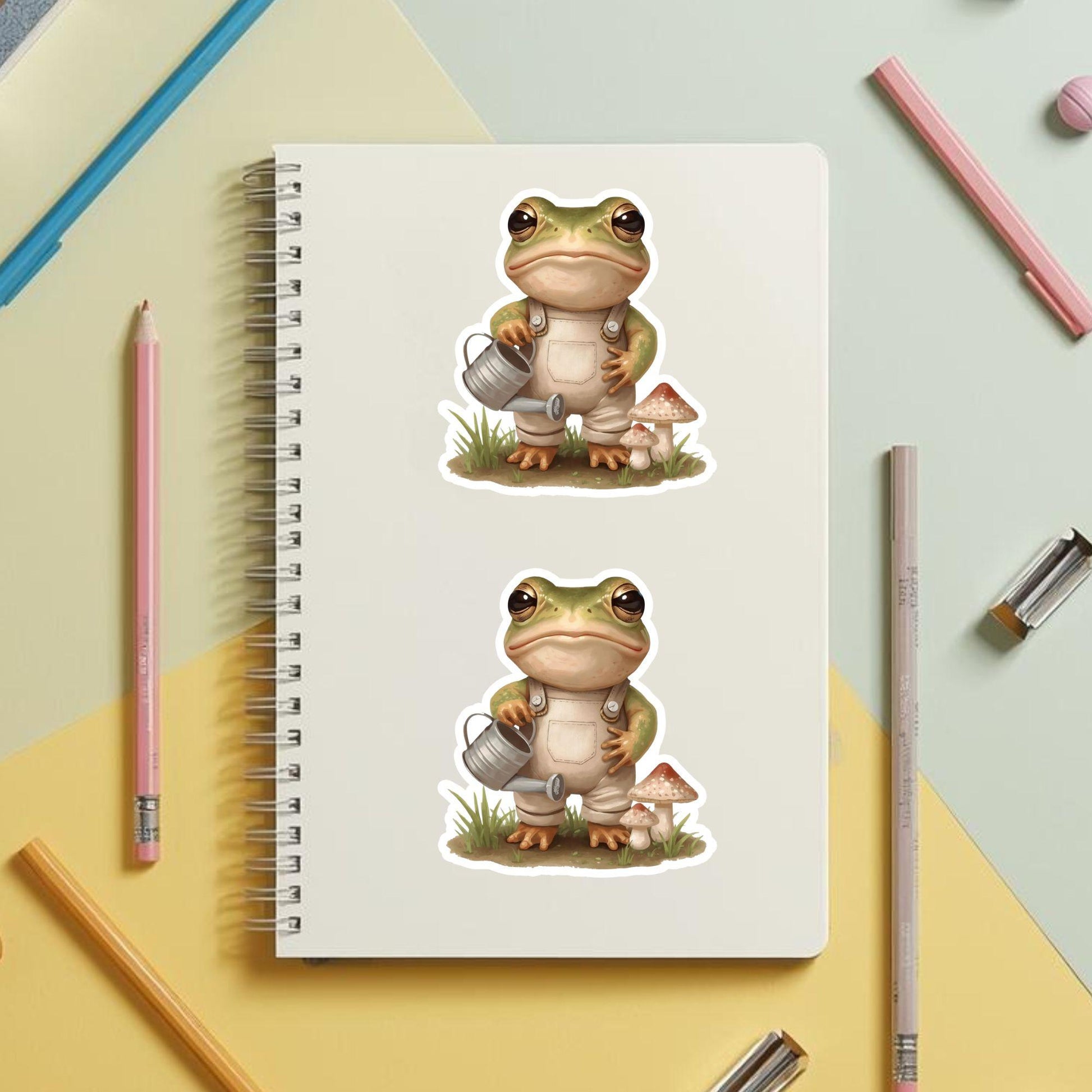 Gardening Frog Overalls & Can | Cottagecore | White Vinyl | Die-Cut Sticker