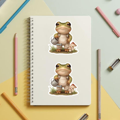 Gardening Frog Overalls & Can | Cottagecore | White Vinyl | Die-Cut Sticker