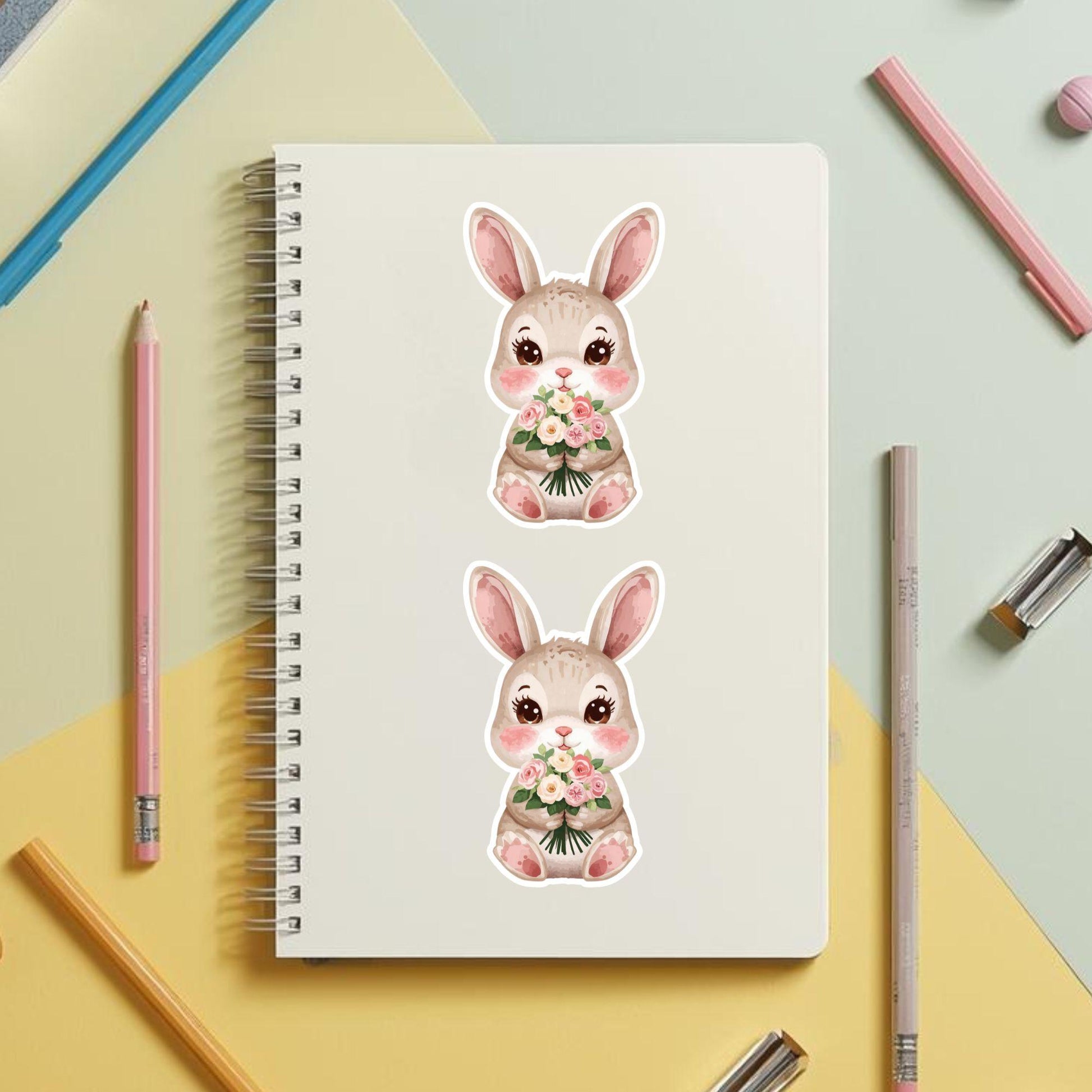 Bunny Bouquet Spring Flowers | Cottagecore | White Vinyl | Die-Cut Sticker