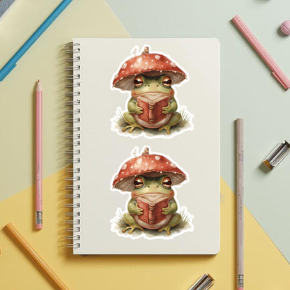 Reading Mushroom Frog Bookish | Cottagecore | White Vinyl | Die-Cut Sticker