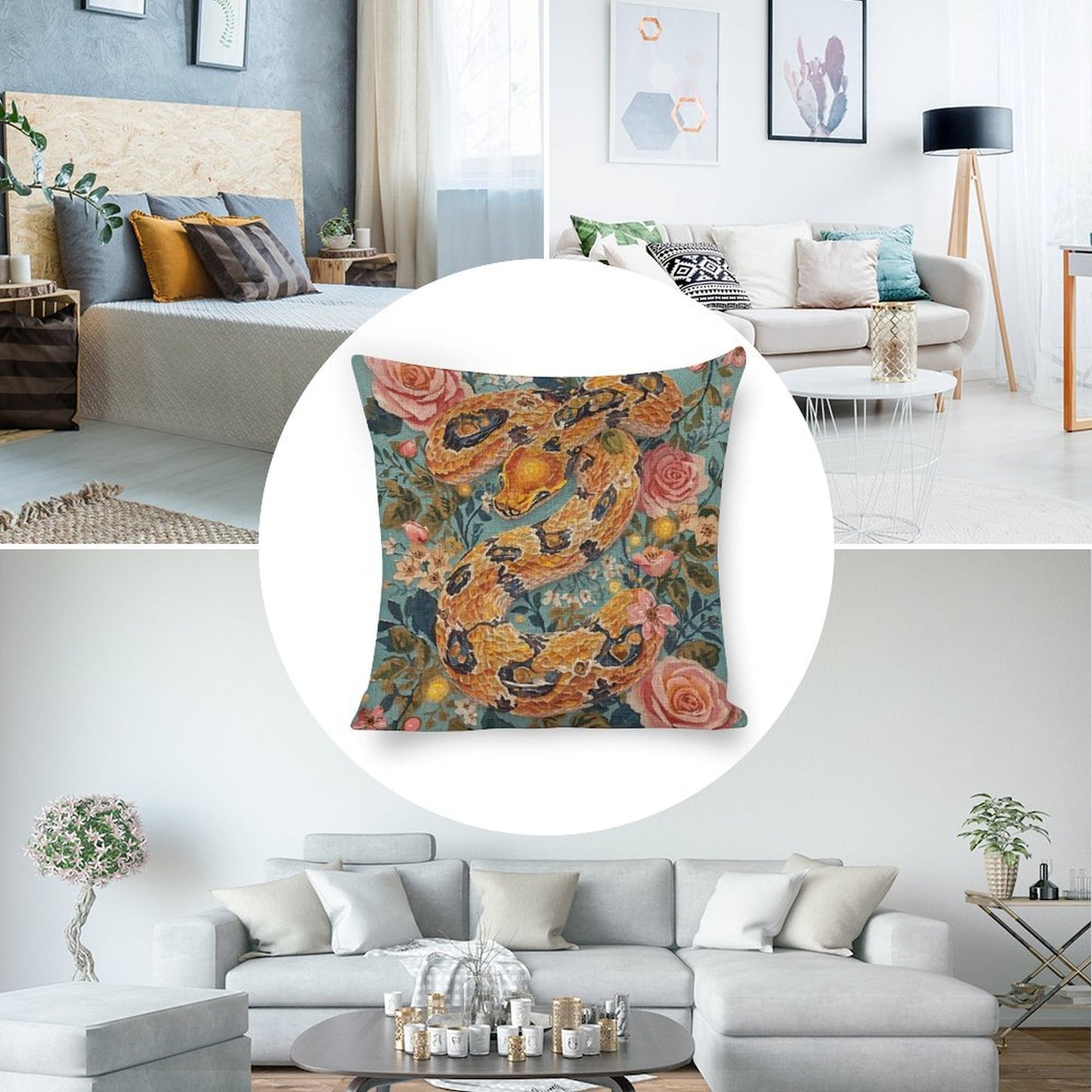 Serpent & Roses Linen Cushion Pillow Cover — Double-Sided Print, 45×45cm