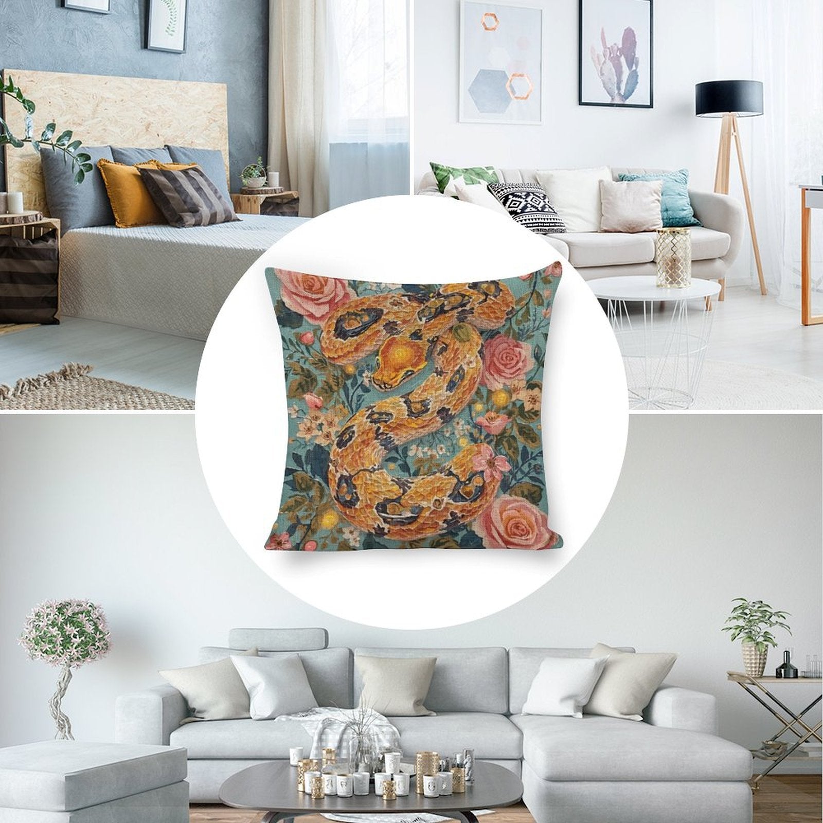 Serpent & Roses Linen Cushion Pillow Cover — Double-Sided Print, 45×45cm