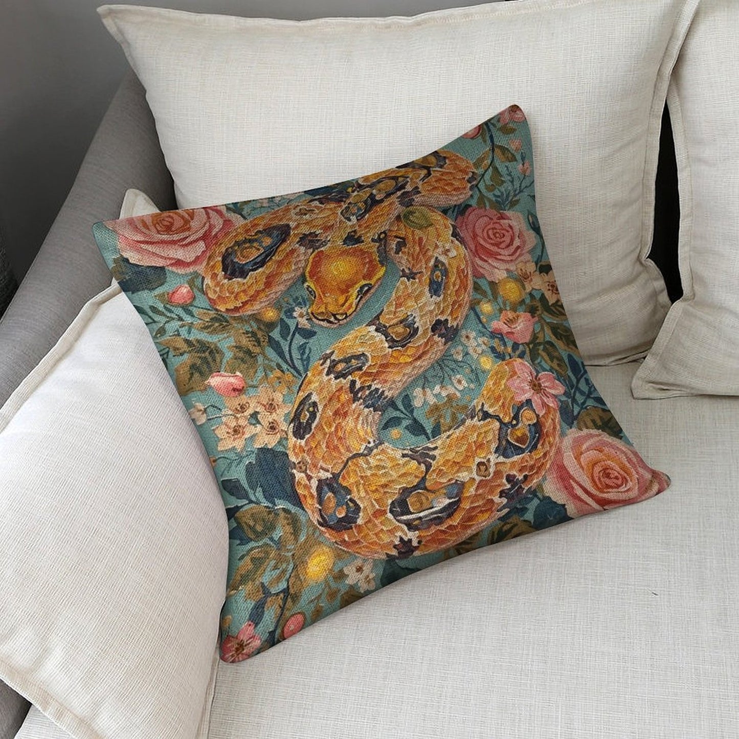 Serpent & Roses Linen Cushion Pillow Cover — Double-Sided Print, 45×45cm