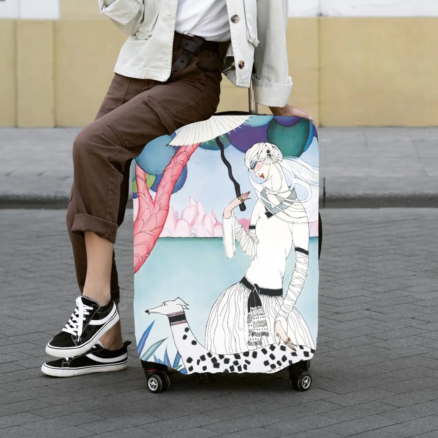 Art Nouveau Lady & Spotted Hound Luggage Cover | Whimsical Illustrated Travel Protector | Stylish Suitcase Cover