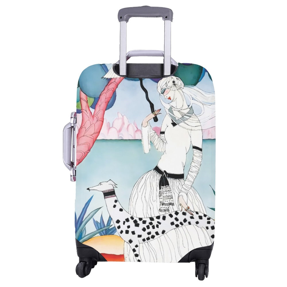 Art Nouveau Lady & Spotted Hound Luggage Cover | Whimsical Illustrated Travel Protector | Stylish Suitcase Cover