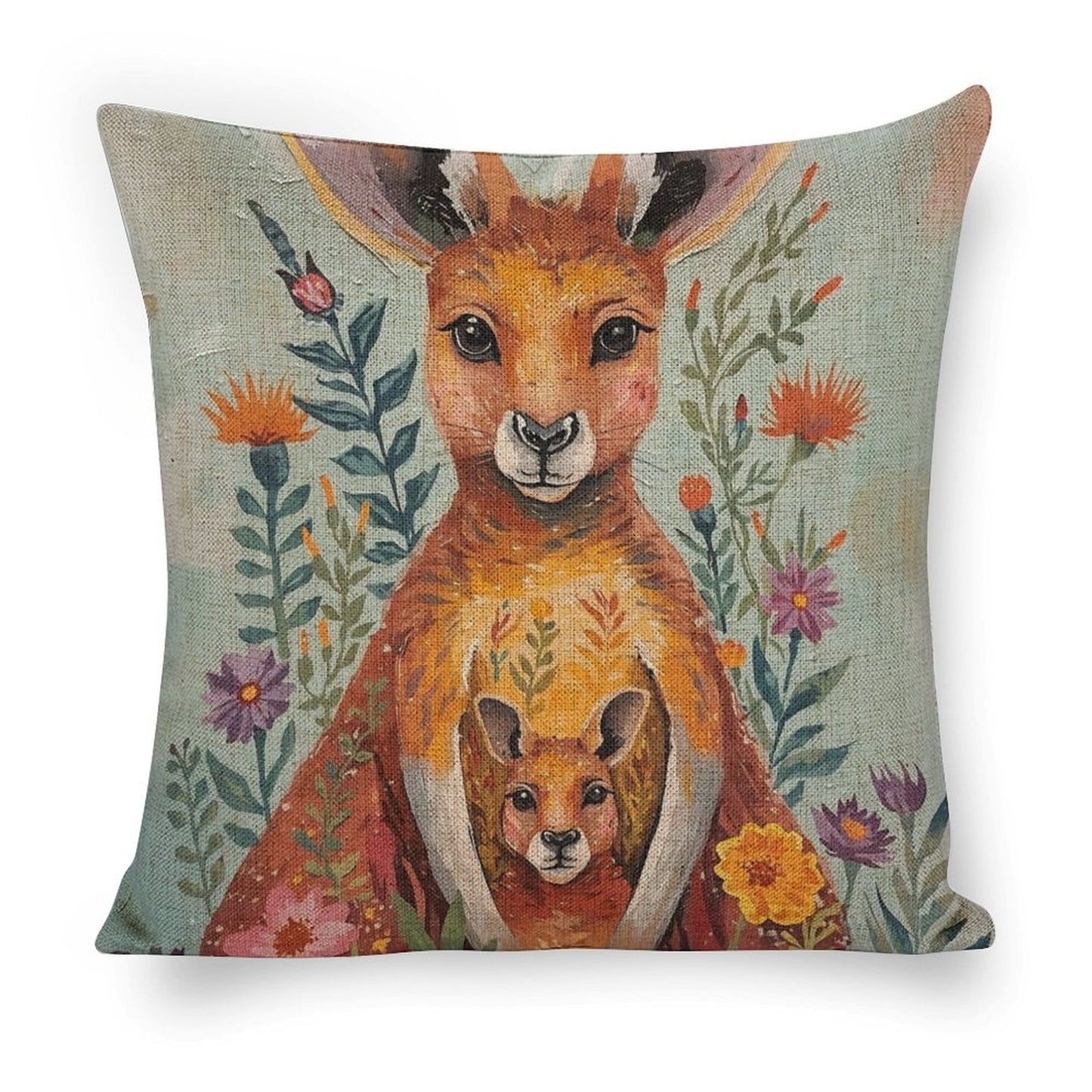 Kangaroo & Joey Linen Cushion Pillow Cover — Double-Sided Print, 45×45cm rice white 18"×18"