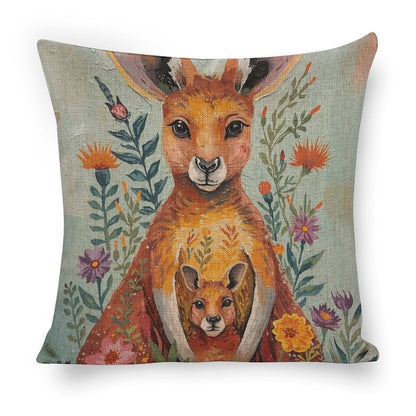 Kangaroo & Joey Linen Cushion Pillow Cover — Double-Sided Print, 45×45cm rice white 18"×18"