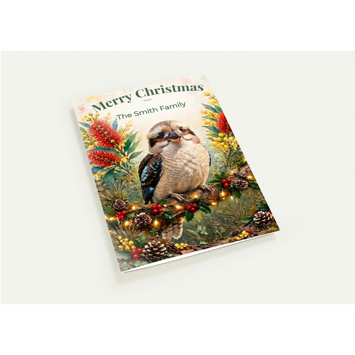 Personalised Christmas Cards Pack of 10 with Envelopes, Custom Family Name Kookaburra Christmas Card, Australian Animals Xmas Card Set