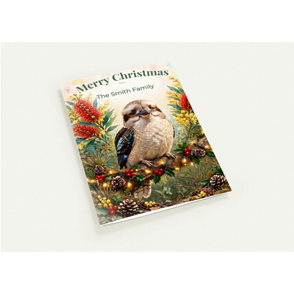 Personalised Christmas Cards Pack of 10 with Envelopes, Custom Family Name Kookaburra Christmas Card, Australian Animals Xmas Card Set