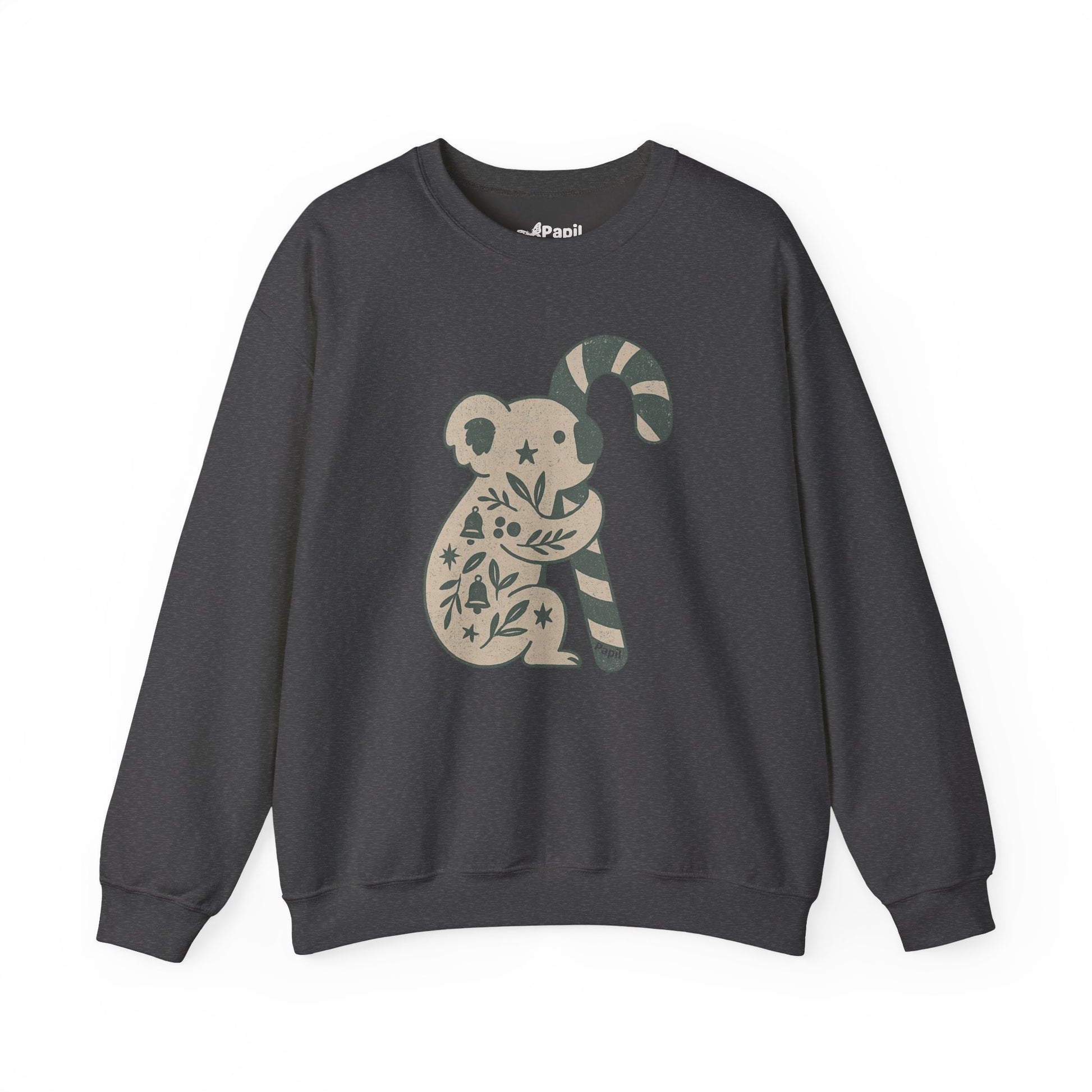 Floral Koala with Candy Cane Christmas Sweater | Botanical Animal Woodland Sweatshirt Dark Heather