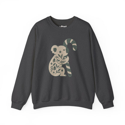 Floral Koala with Candy Cane Christmas Sweater | Botanical Animal Woodland Sweatshirt Dark Heather
