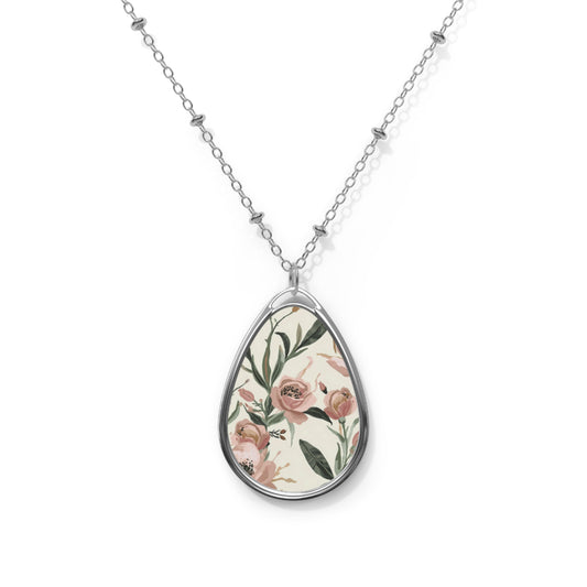 Pink Botanical Design Floral Art Oval Pendant Necklace One Size Silver