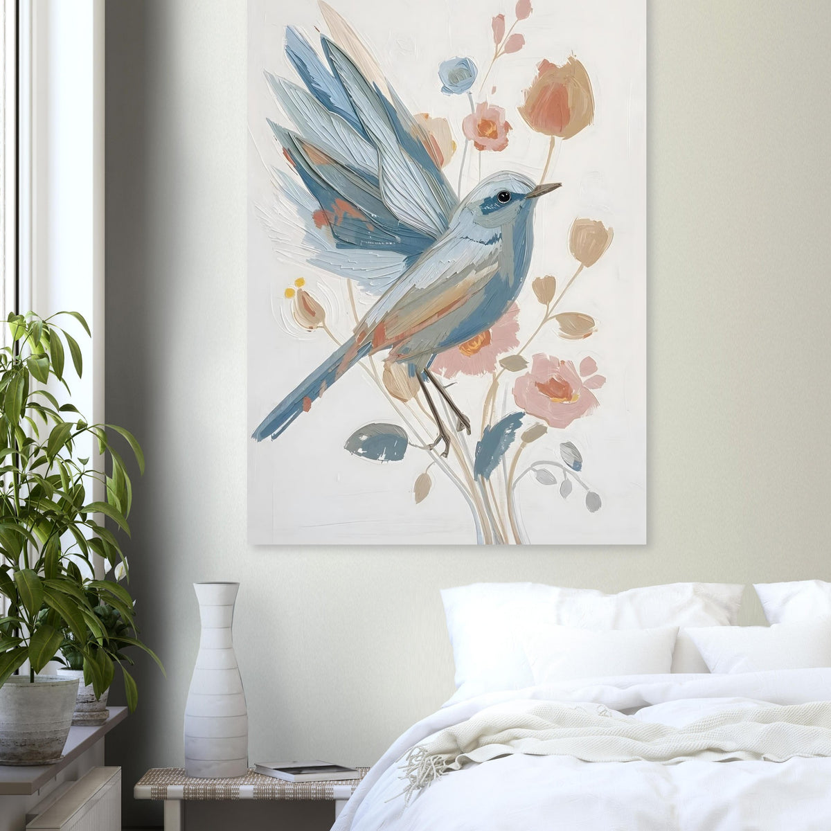 Abstract Impressionist Bird & Blossom Fine Art Poster - Soft Blue & Blush Hues