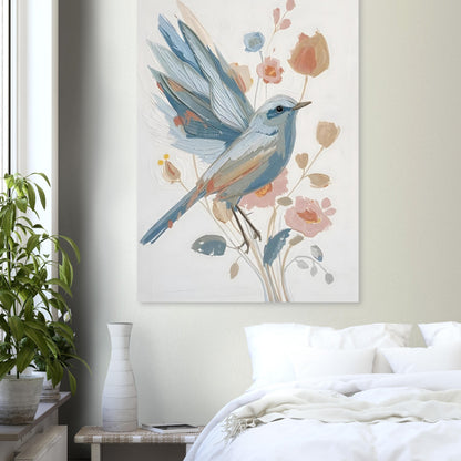 Abstract Impressionist Bird & Blossom Fine Art Poster - Soft Blue & Blush Hues