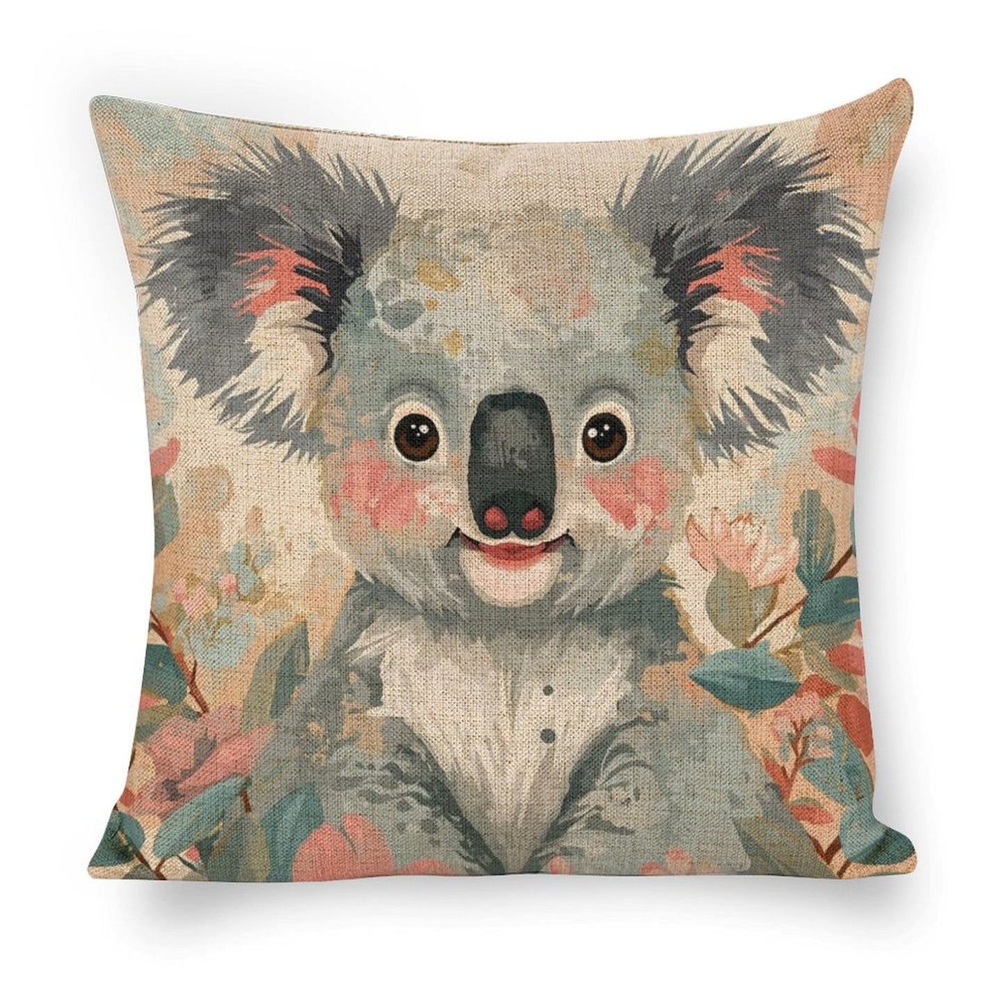 Koala in Bloom Linen Cushion Pillow Cover — Double-Sided Print, 45×45cm rice white 18"×18"