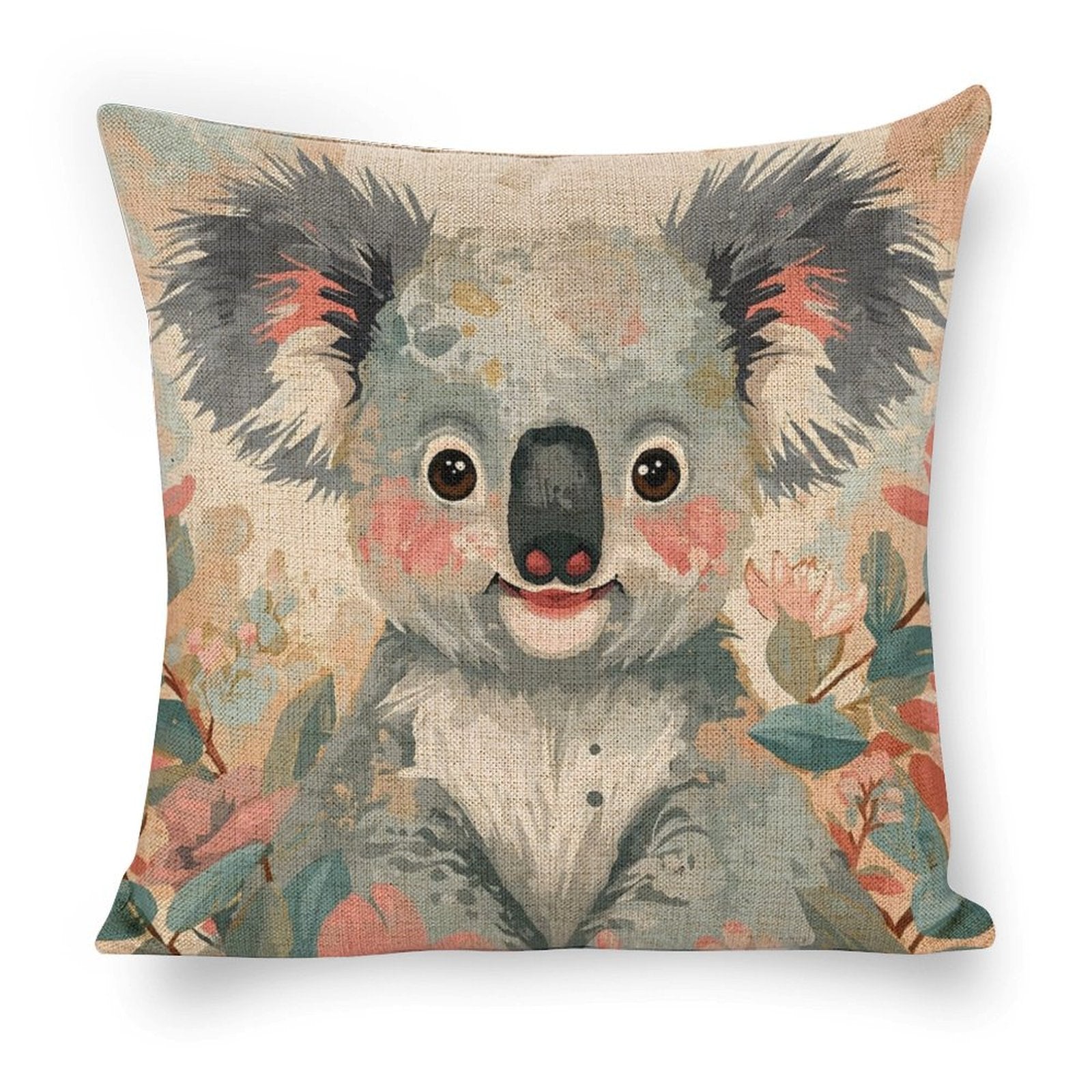Koala in Bloom Linen Cushion Pillow Cover — Double-Sided Print, 45×45cm rice white 18"×18"