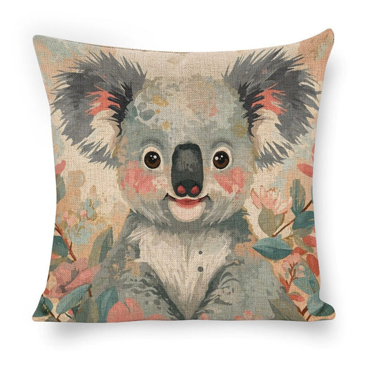 Koala in Bloom Linen Cushion Pillow Cover — Double-Sided Print, 45×45cm rice white 18"×18"