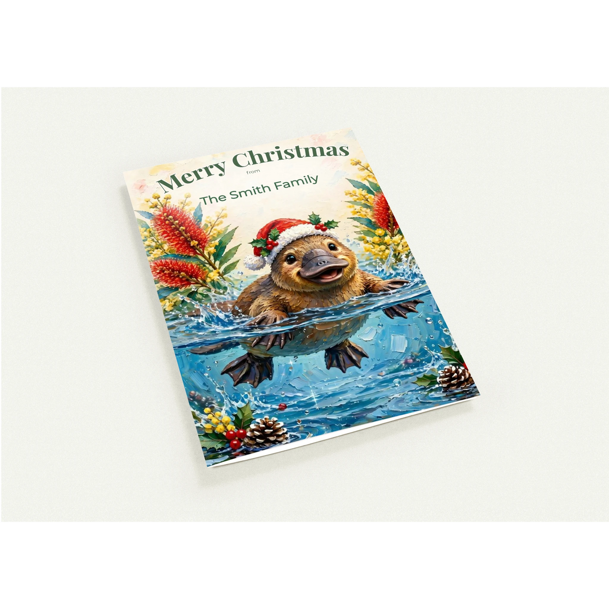 Personalised Christmas Cards Pack of 10 with Envelopes, Custom Family Name Platypus Christmas Card, Australian Animals Xmas Card Set