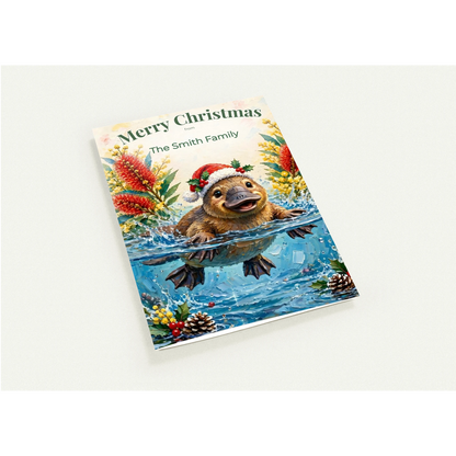 Personalised Christmas Cards Pack of 10 with Envelopes, Custom Family Name Platypus Christmas Card, Australian Animals Xmas Card Set