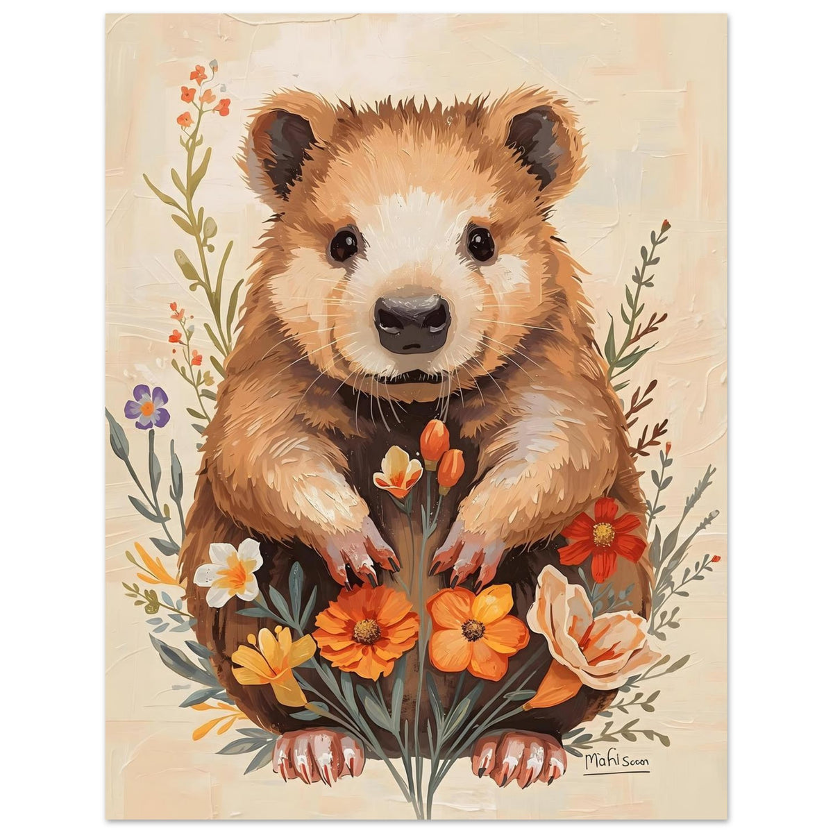 Charming Wildflower Critter Fine Art Poster in Warm Earthy Tones 27x35 cm 11x14″