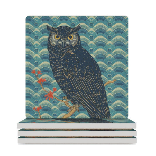 Majestic Owl Japanese Ukiyo-e Inspired Ceramic Coasters (Set of 4 or 6) white