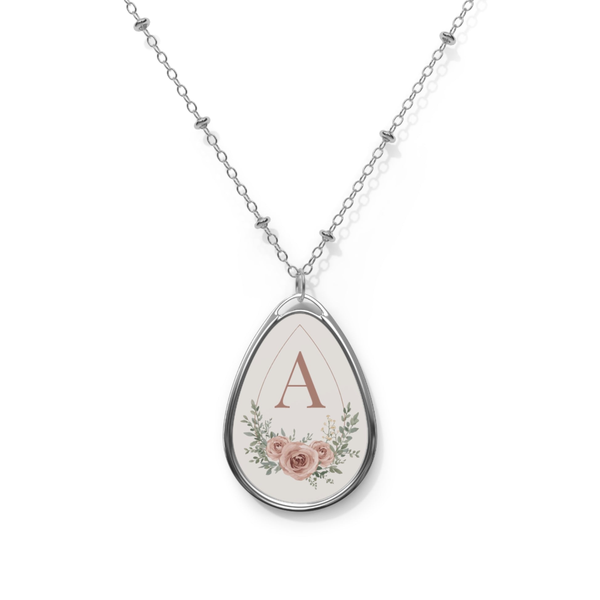 Personalised Floral Design Oval Pendant Necklace – Custom Initial Letter Jewellery One Size Silver