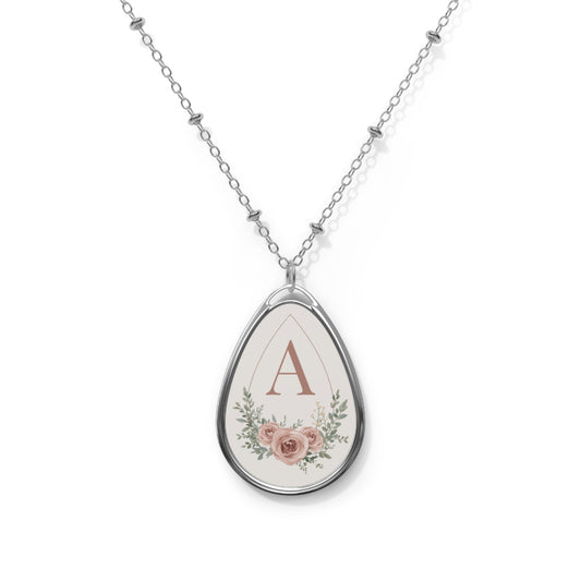 Personalised Floral Design Oval Pendant Necklace – Custom Initial Letter Jewellery One Size Silver