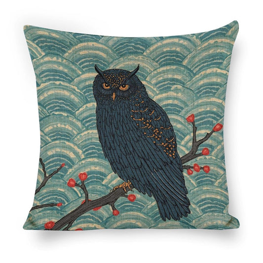 Nocturne Owl Linen Cushion Pillow Cover — Double-Sided Print, 45×45cm rice white 18"×18"