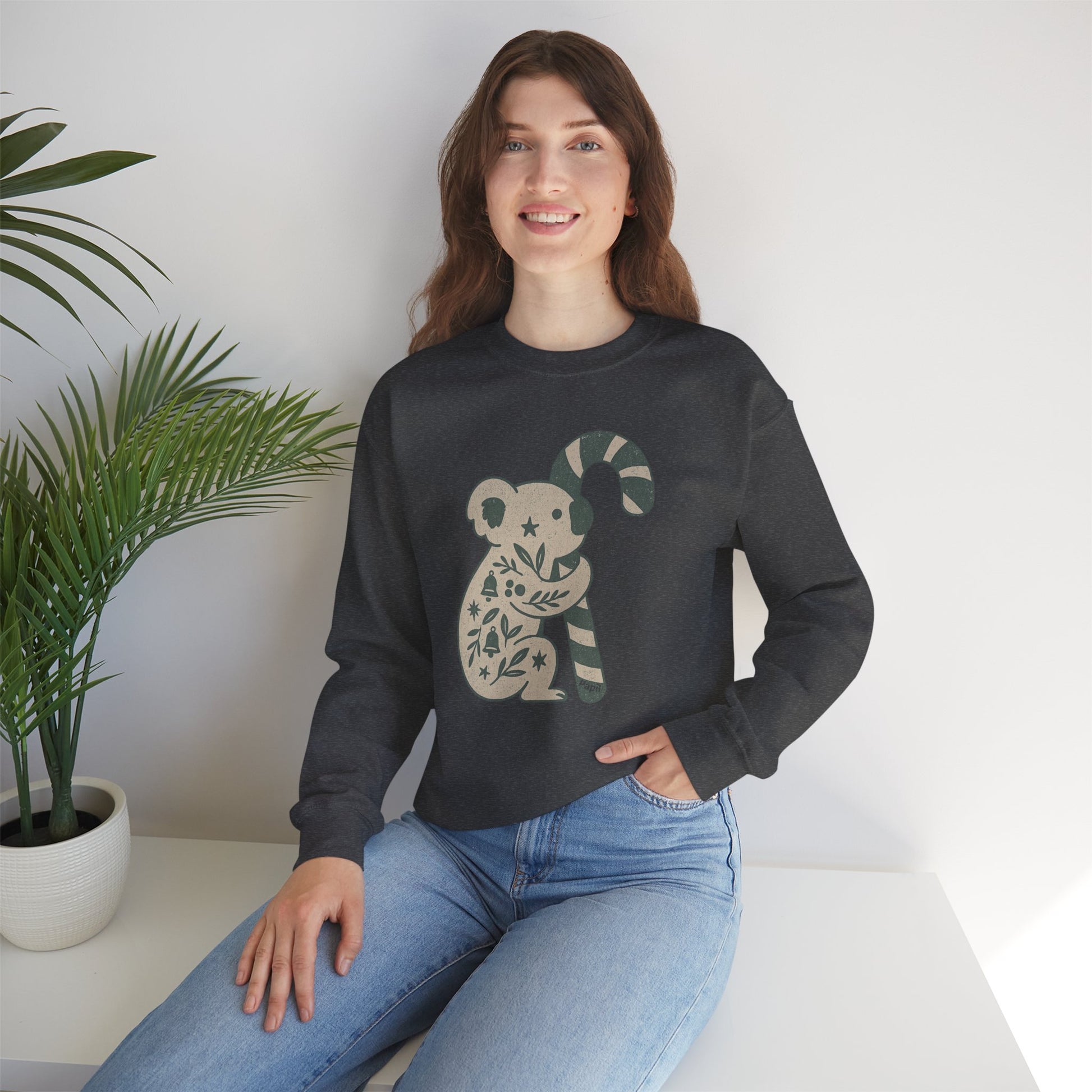 Floral Koala with Candy Cane Christmas Sweater | Botanical Animal Woodland Sweatshirt