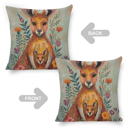 Kangaroo & Joey Linen Cushion Pillow Cover — Double-Sided Print, 45×45cm