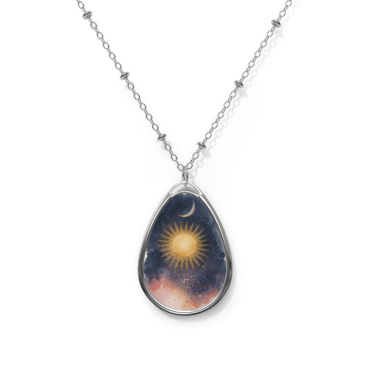 Celestial Sun & Moon Oval Necklace, Cosmic Art Pendant Jewelry, Customizable Ellipse Charm, Unique Personalized Gift, Shiny Statement One Size Silver